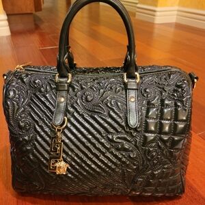 Versace Black Embossed Satchel with Gold Charm